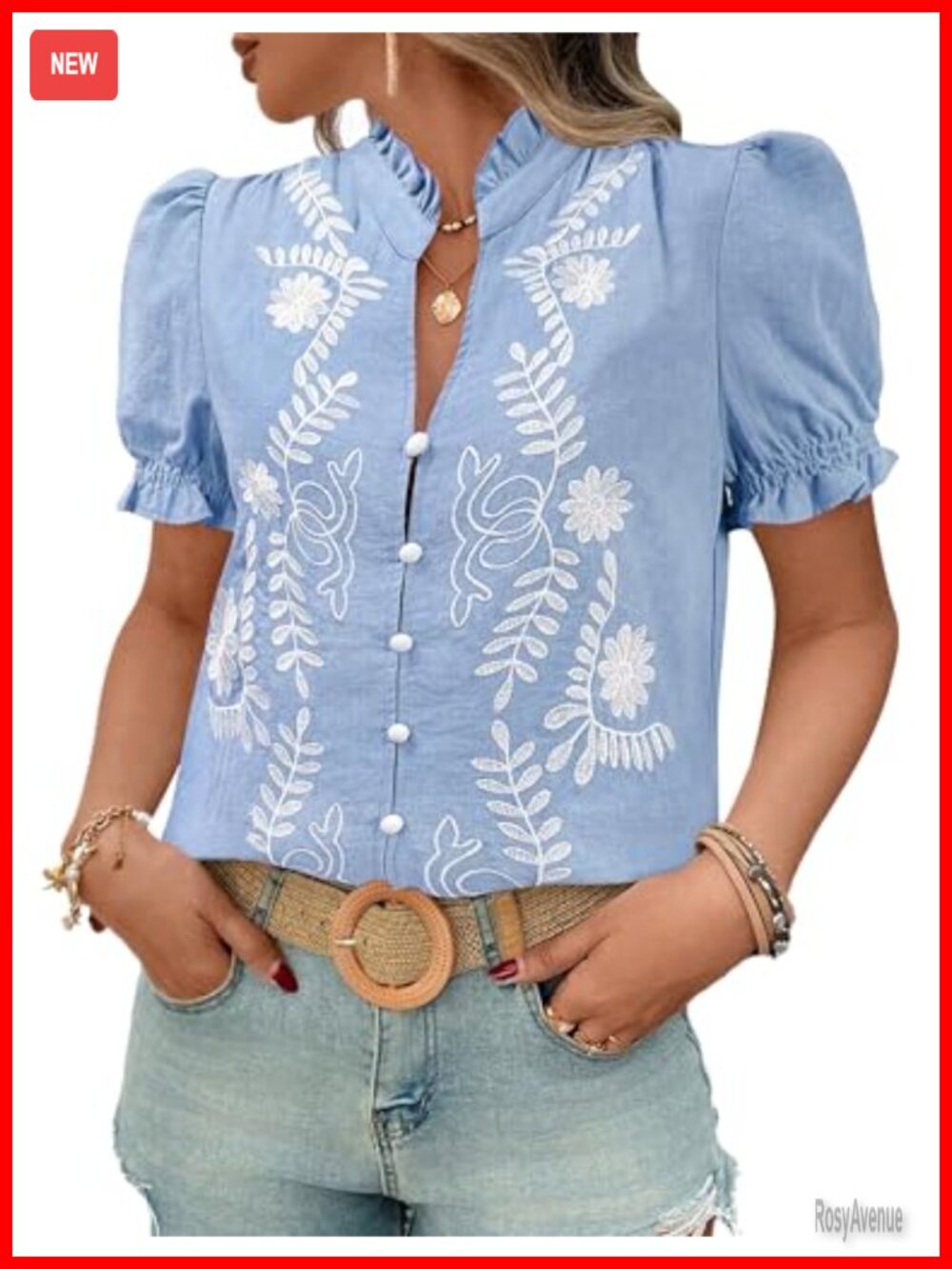 Women's Ruffle V Neck Puff Sleeve Embroidered Blouse Button Down Work Top
